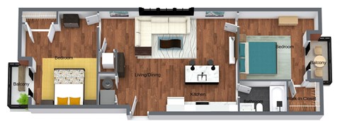 2 Bedroom 1 Bath + Balconies - 3D